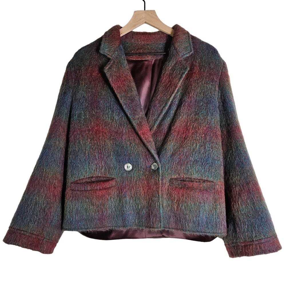 Vintage Stanley Blacker Fuzzy Wool Plaid Blazer Jacket Women's 12 Blue Maroon